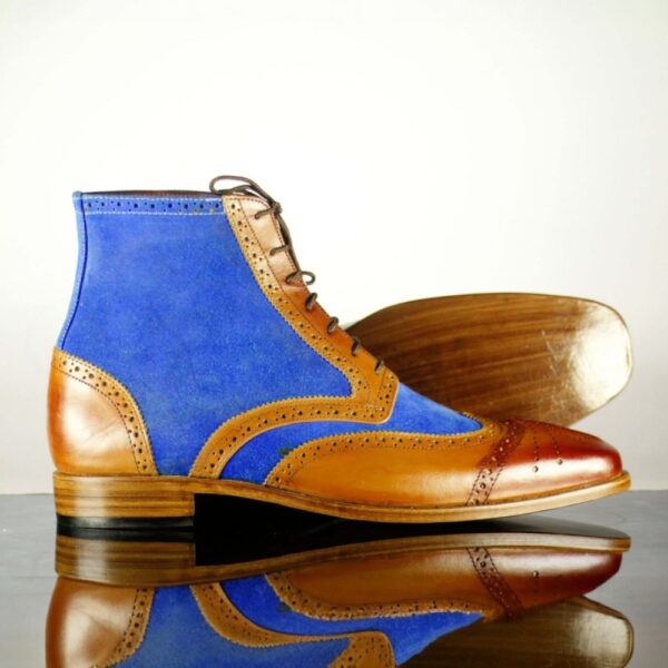 Bespoke Men's Two Tone Leather Suede Wing Tip Brogue Boots - leathersguru