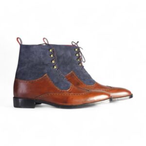 Bespoke Navy Blue Burgundy Leather Suede Wing Tip Lace Up Boots