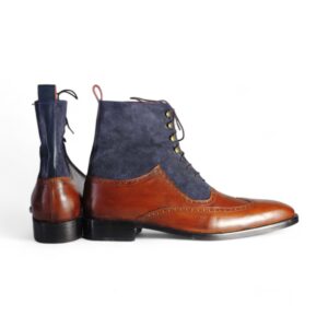 Bespoke Navy Blue Burgundy Leather Suede Wing Tip Lace Up Boots