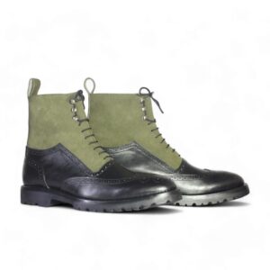 Bespoke Olive Green Black Leather Suede High Ankle Wing Tip Boots