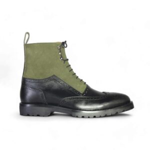 Bespoke Olive Green Black Leather Suede High Ankle Wing Tip Boots