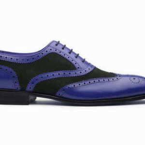 Handmade Black Blue Leather Suede Wing Tip Shoe - leathersguru