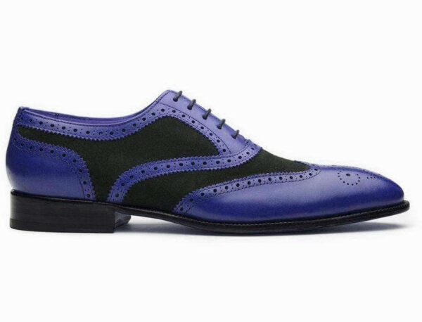 Handmade Black Blue Leather Suede Wing Tip Shoe - leathersguru