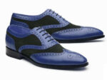 Handmade Black Blue Leather Suede Wing Tip Shoe - leathersguru