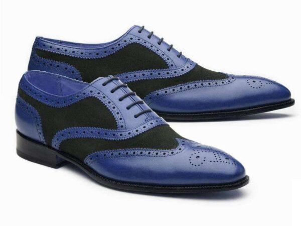 Handmade Black Blue Leather Suede Wing Tip Shoe - leathersguru