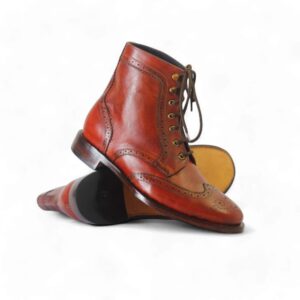 Bespoke Tan Brown Leather Ankle High Wing Tip Lace Up Boot