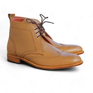 Bespoke Tan Leather High Ankle Wing Tip Lace Up Boots