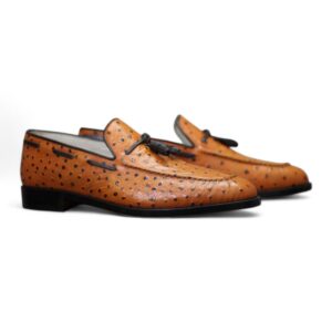 Bespoke Tan Ostrich Leather Tussle Loafer For Men's - leathersguru