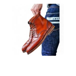 Bespoke Tan Wing Tip Leather Ankle Lace Up Boot, Oxford Boot