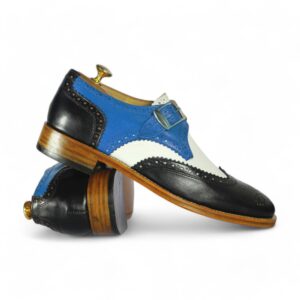 Bespoke Three Tone Leather Wing Tip Buckle Up Shoe for Men's - leathersguru