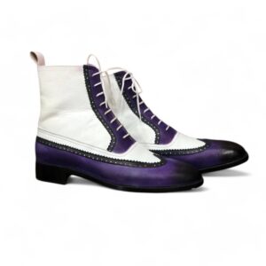 Bespoke White & Purple Leather High Ankle Wing Tip Boot