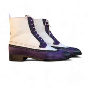 Bespoke White & Purple Leather High Ankle Wing Tip Boot