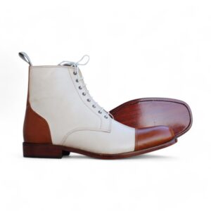 Bespoke White and Brown Leather High Ankle Lace Up Boots