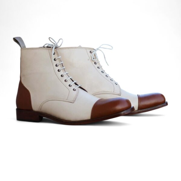 Bespoke White and Brown Leather High Ankle Lace Up Boots