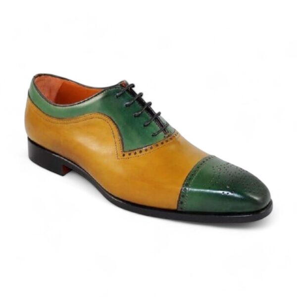 Bespoke Yellow & Green Leather Cap Toe Lace Up Shoe for Men's - leathersguru