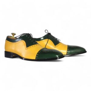 Bespoke Yellow Green Leather Cap Toe Lace Up Shoes for Men's - leathersguru