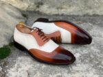 Bespoke White & Brown Square Toe Leather Shoes,Men Handmade Dress Oxford Shoes