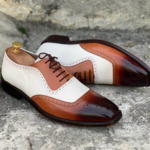 Bespoke White & Brown Square Toe Leather Shoes,Men Handmade Dress Oxford Shoes