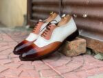 Bespoke White & Brown Square Toe Leather Shoes,Men Handmade Dress Oxford Shoes