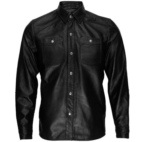 Handmade Black Lambskin Leather Collared Lightweight Jacket Over Shirt,Men genuine leather jacket - leathersguru