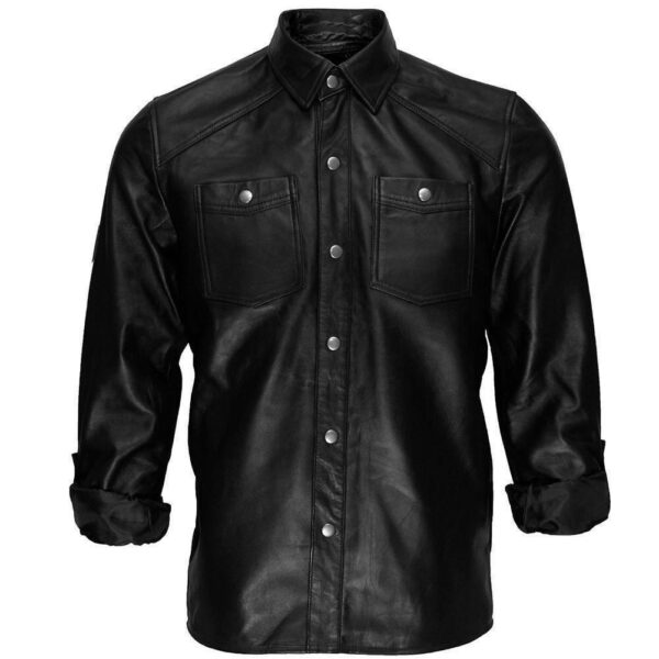 Handmade Black Lambskin Leather Collared Lightweight Jacket Over Shirt,Men genuine leather jacket - leathersguru