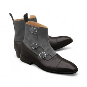 Bespoke Black & Gray Leather Suede Ankle High Cap Toe Buckle Boot - leathersguru