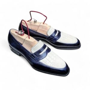 White & Blue Alligator & Pebbled Leather Penny Loafers Shoes for Men's - leathersguru