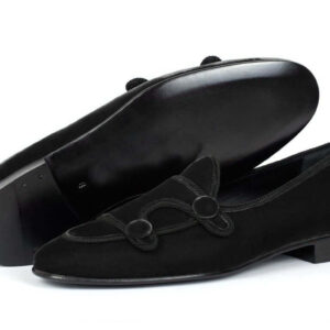 Black Belgina Loafer Velvet Shoes, Double Monk Style Men Party Shoes.