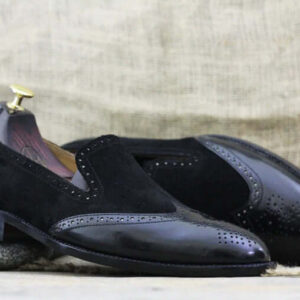 Black Slip On Handmade Loafer Shoes,Leather & Velvet Men's Shoes