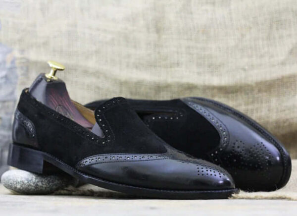 Black Slip On Handmade Loafer Shoes,Leather & Velvet Men's Shoes