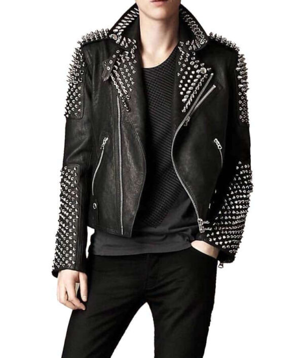 Black Spikes Studded Motorcycle Jacket For Men's