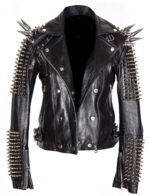 Black Women Genuine Classical Punk Style Leather Jacket Large Spike Silver Studs