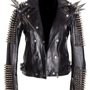 Black Women Genuine Classical Punk Style Leather Jacket Large Spike Silver Studs