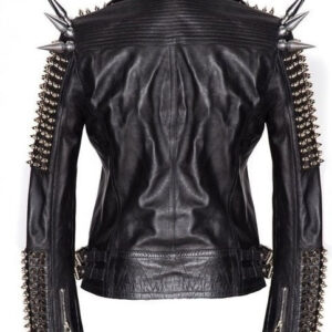 Black Women Genuine Classical Punk Style Leather Jacket Large Spike Silver Studs