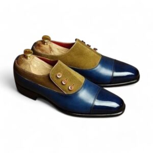 Bespoke Blue & Tan Button Shoes Leather Suede Shoes Party Wear Shoes,Dress Shoes