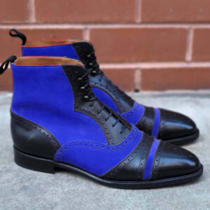 Blue Black Stylish Oxford Ankle High Boots, Cap Toe Style Men's Handmade Boot