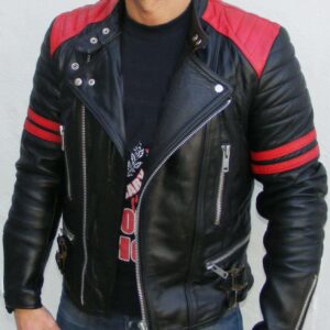 Handmade Brando Black Red Padded Power Shoulders Motorcycle Leather Jacket - leathersguru