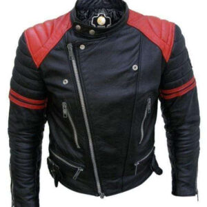 Handmade Brando Black Red Padded Power Shoulders Motorcycle Leather Jacket - leathersguru