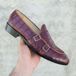 Brown Alligator Double Monk Shoes, Hand Crafted Apron Toe Double Monk Fashion Leather Shoes For Men's