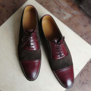 Handmade Brown Burgundy Cap Toe Lace Up Leather Suede Shoes, Stylish Dress Formal Shoes