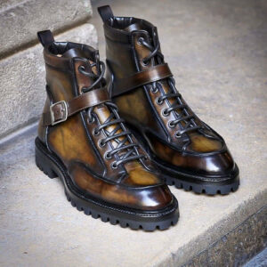 Bespoke Two Tan Leather High Ankle Buckle Up Lace Up Boots - leathersguru