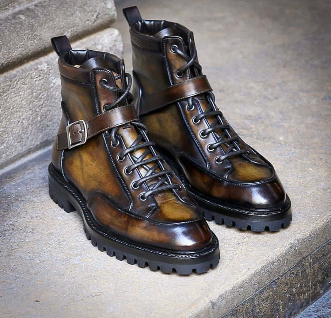 Brown_Ankle_high_Leather_boots_Men_Hunting_Boots_For_Mens Bespoke Two Tan Leather High Ankle Buckle Up Lace Up Boots - leathersguru