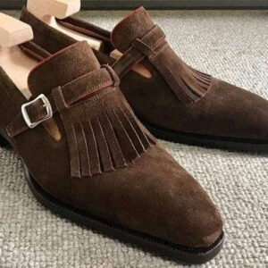 Men's Suede Dark Brown Fringe Monk Strap Shoes - leathersguru