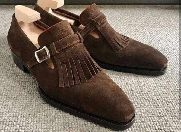 Men's Suede Dark Brown Fringe Monk Strap Shoes - leathersguru