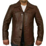 CLASSIC BUTTON STYLE ANTIQUE BROWN LEATHER JACKET COAT MEN