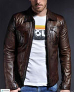 Men's Brown Leather Slim fit Biker Motorcycle Casual Jacket - leathersguru