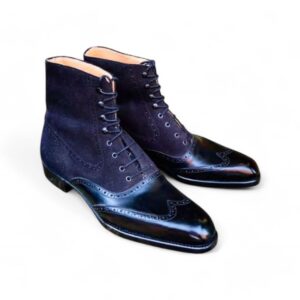 Ankle High Navy Blue Wing Tip Leather Suede Boot - leathersguru