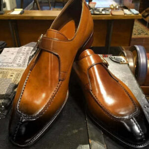 Bespoke Brown & Black Leather Split Toe Monk Strap Shoe for Men - leathersguru