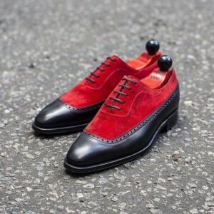 Men's Stylish Black Red Leather Suede Lace Up Shoes