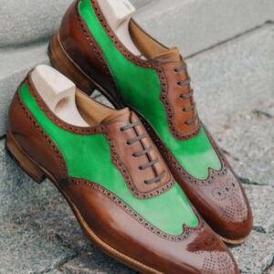 Casual Customize Brown green Leather Contrast Wingtip Brogues Lace Up Handmade Shoes - leathersguru